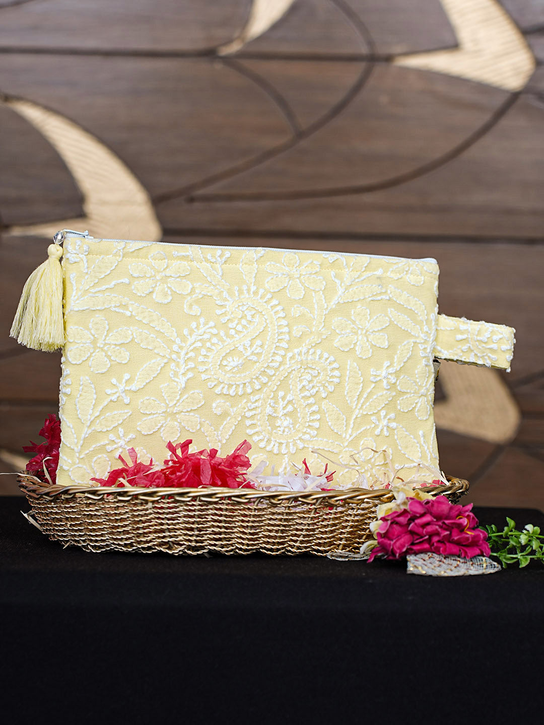 Ada Hand Embroidered Lemon Pure Georgette Lucknowi Chikankari Pouch 01A965110