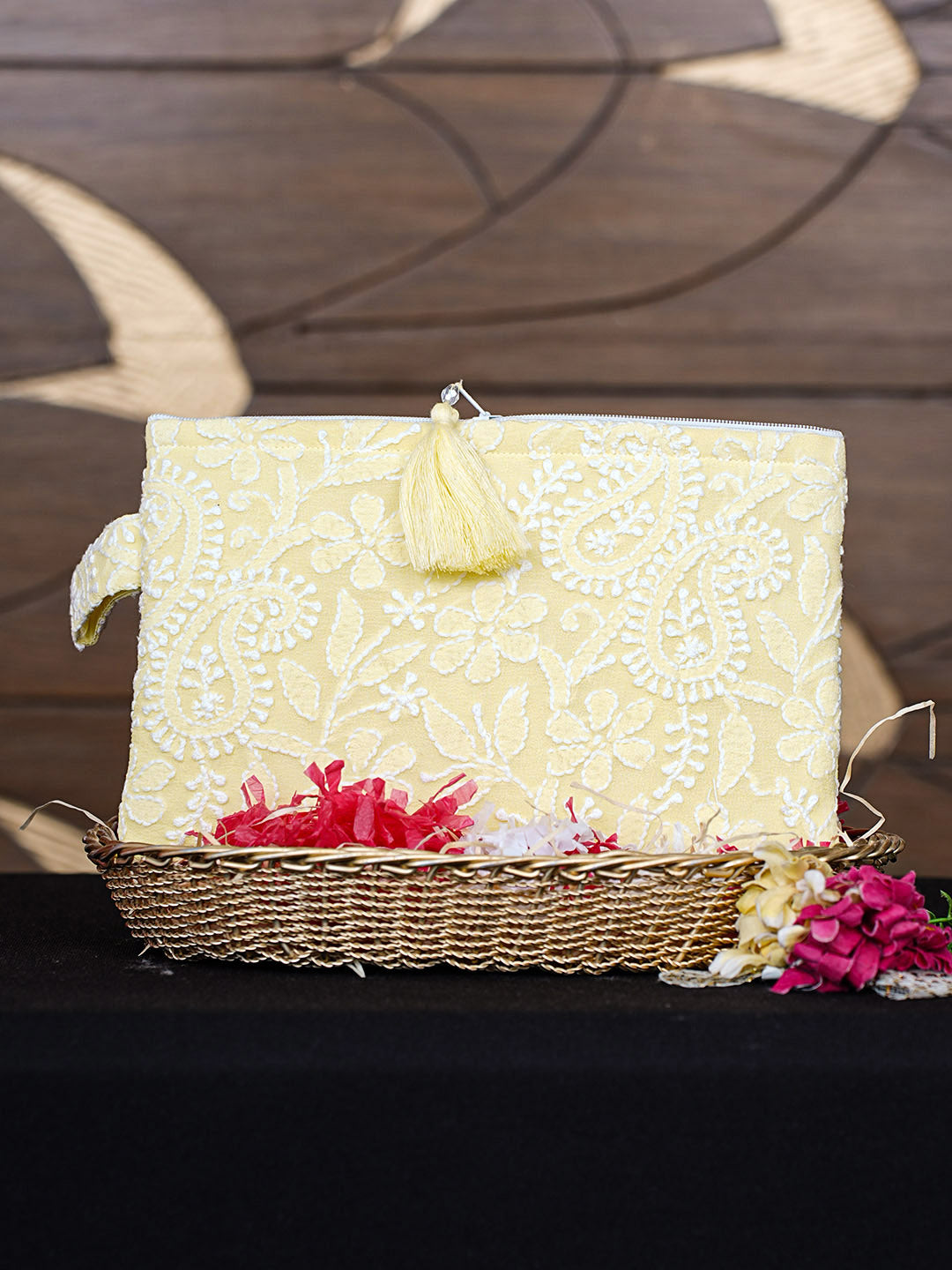 Ada Hand Embroidered Lemon Pure Georgette Lucknowi Chikankari Pouch 01A965110