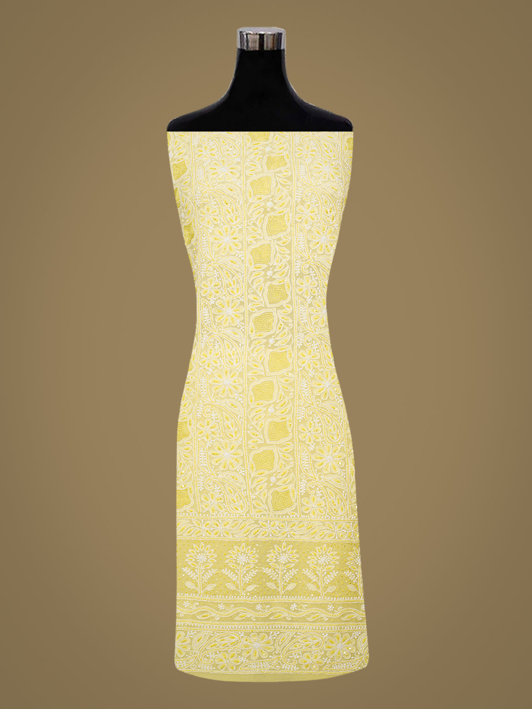Ada Hand Embroidered Lemon Pure Georgette Lucknowi Chikankari Unstitched Kurta Dupatta Set With Cutdana Work 01A959160
