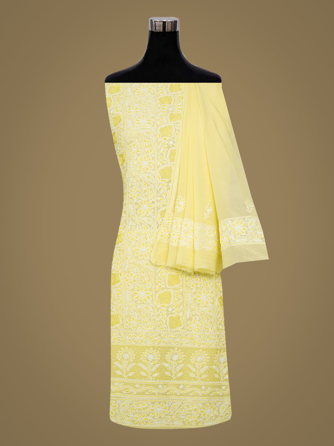 Ada Hand Embroidered Lemon Pure Georgette Lucknowi Chikankari Unstitched Kurta Dupatta Set With Cutdana Work 01A959160