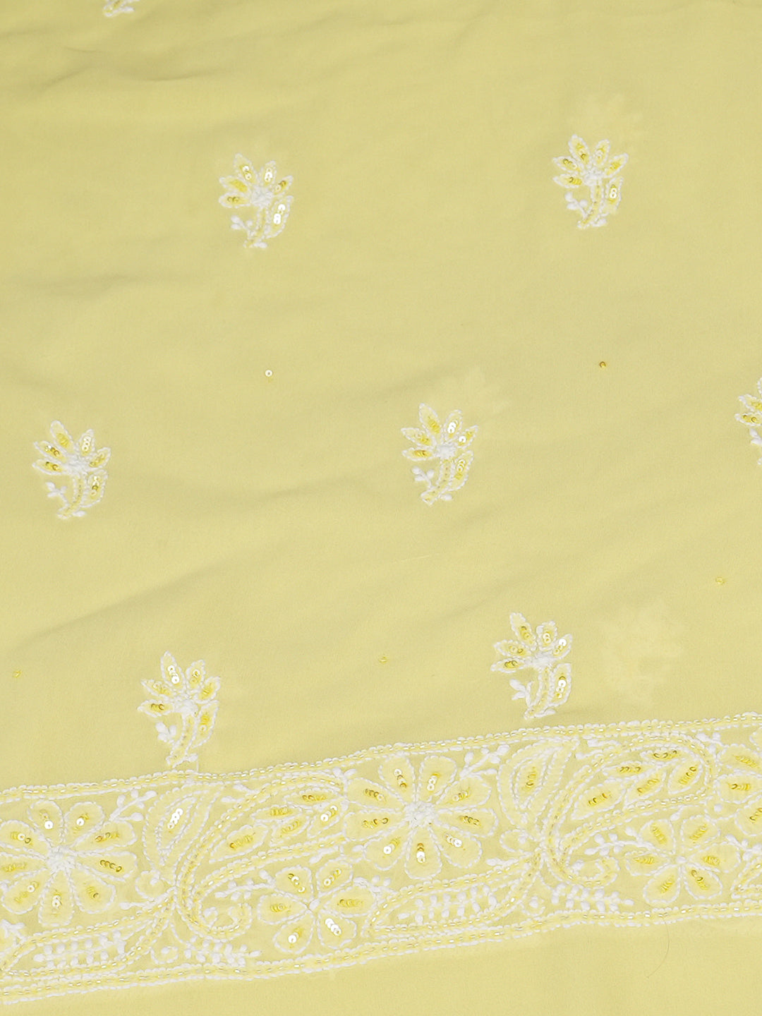 Ada Hand Embroidered Lemon Pure Georgette Lucknowi Chikankari Unstitched Kurta Dupatta Set With Cutdana Work 01A959160