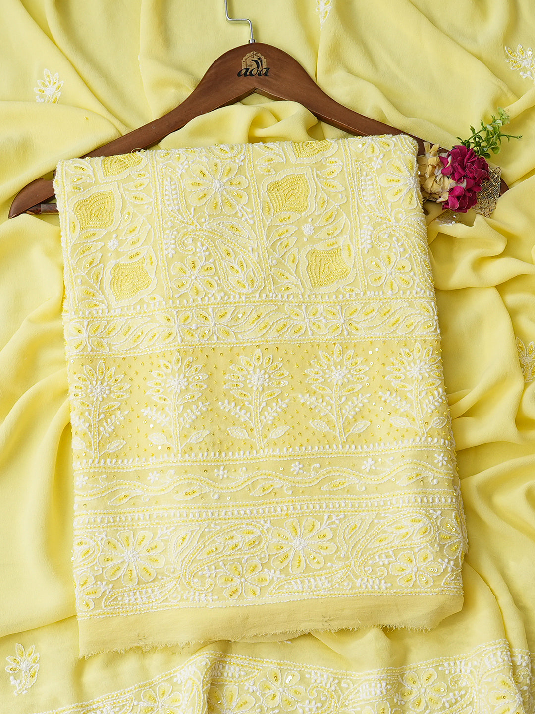 Ada Hand Embroidered Lemon Pure Georgette Lucknowi Chikankari Unstitched Kurta Dupatta Set With Cutdana Work 01A959160