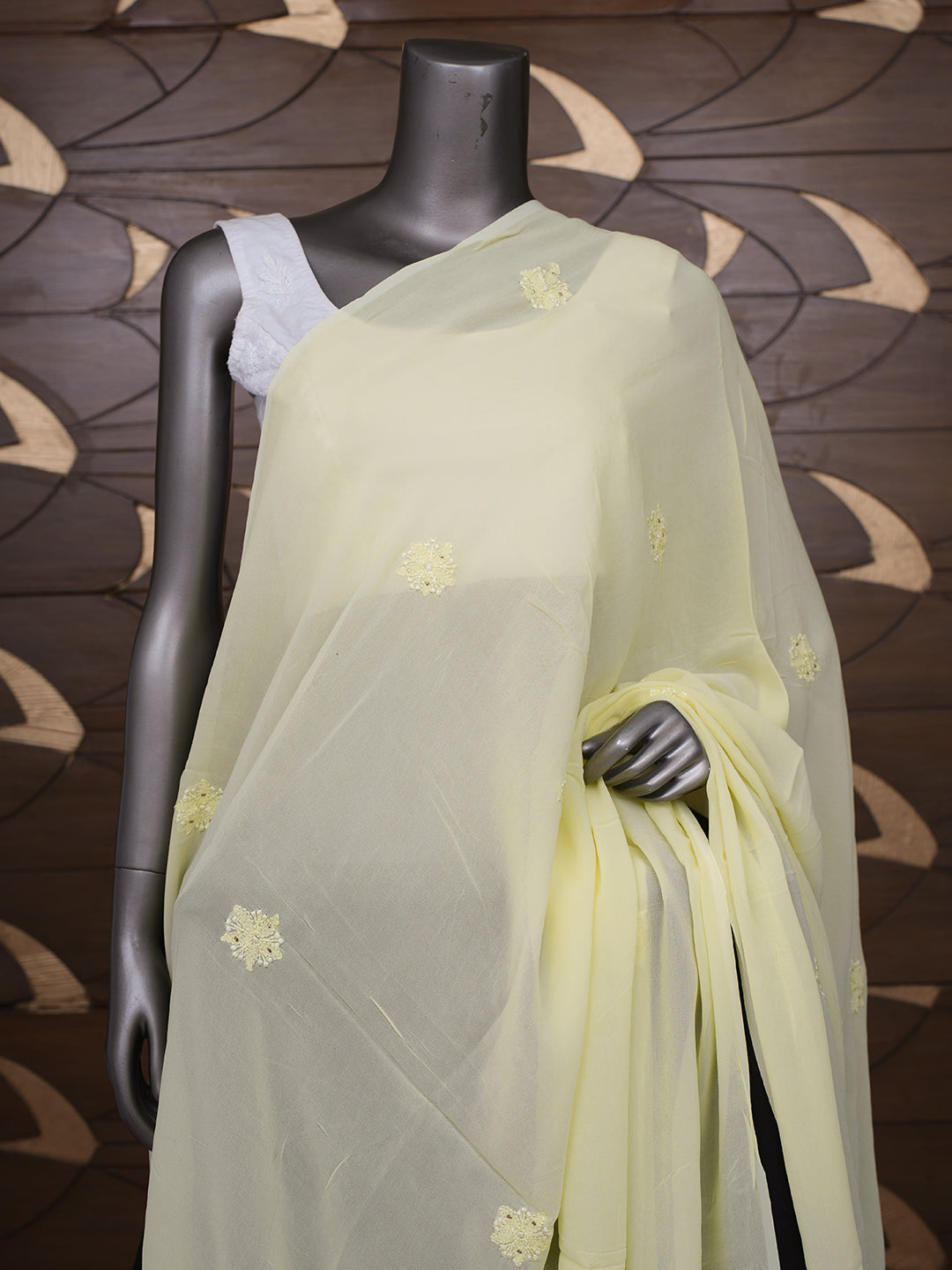 Ada Hand Embroidered Lemon Viscose Georgette Lucknowi Chikankari Dupatta With Mukaish/Muqaish Work 01A834609