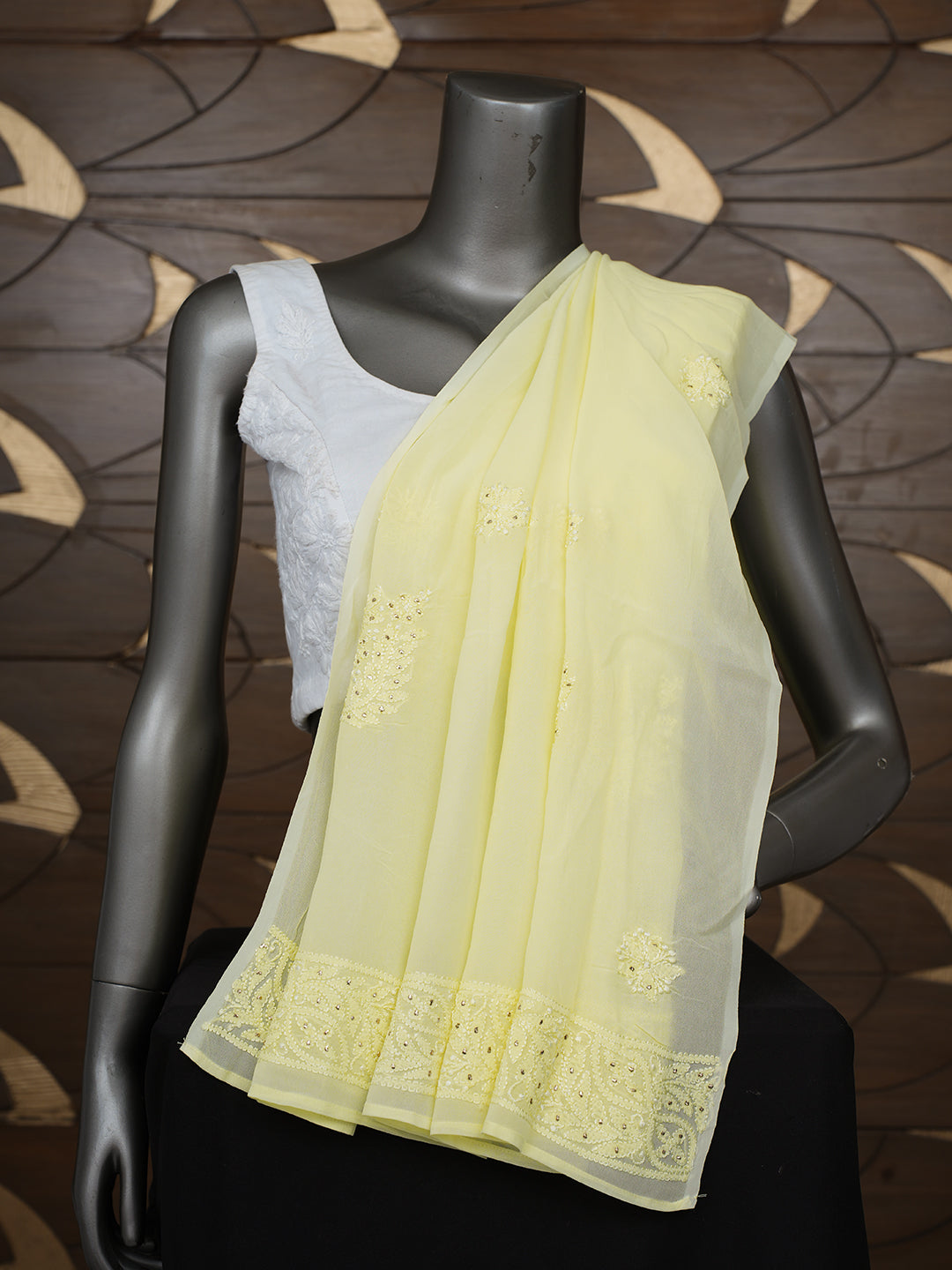 Ada Hand Embroidered Lemon Viscose Georgette Lucknowi Chikankari Dupatta With Mukaish/Muqaish Work 01A834609