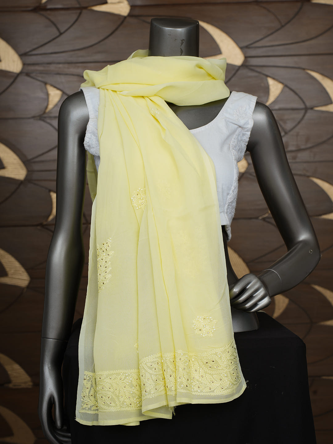 Ada Hand Embroidered Lemon Viscose Georgette Lucknowi Chikankari Dupatta With Mukaish/Muqaish Work 01A834609