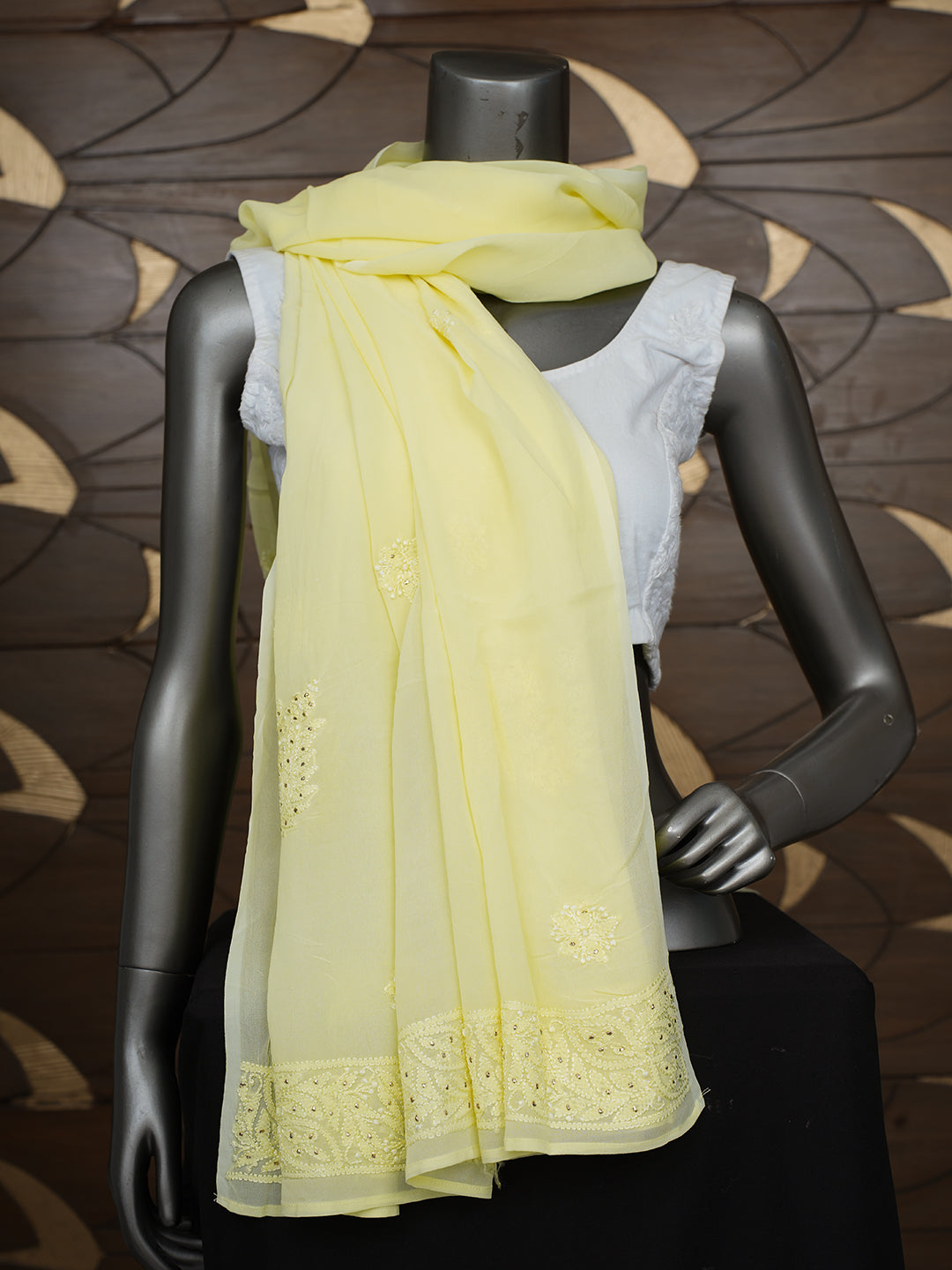 Ada Hand Embroidered Lemon Viscose Georgette Lucknowi Chikankari Dupatta With Mukaish/Muqaish Work 01A834609