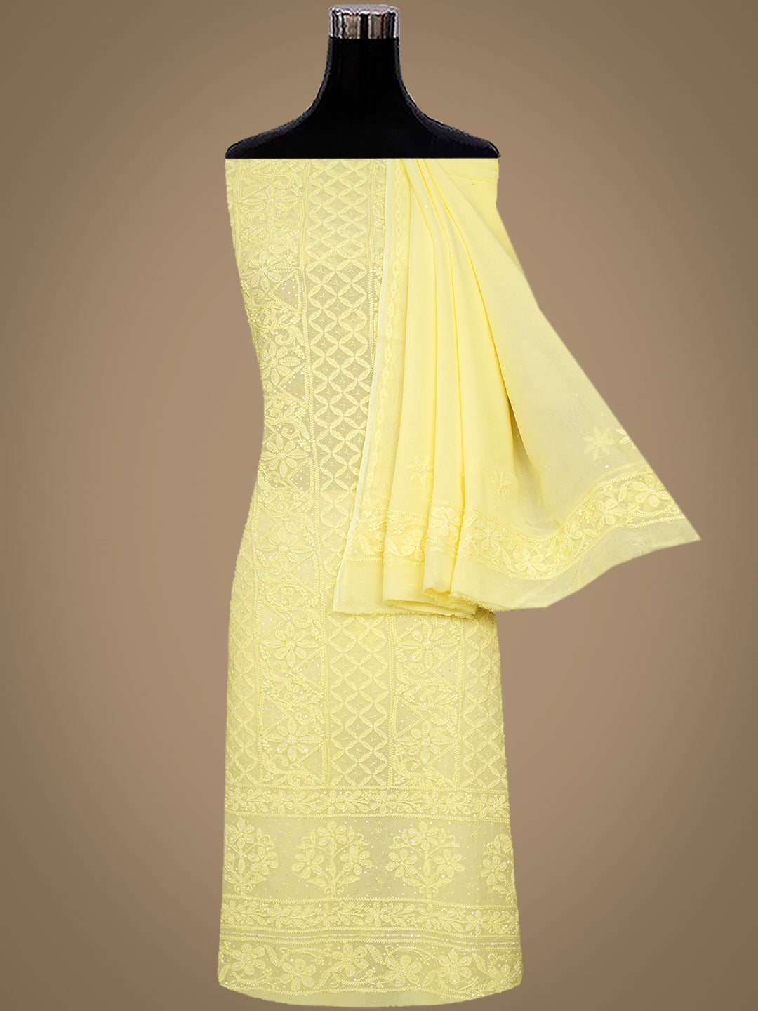 Ada Hand Embroidered Lemon Viscose Georgette Lucknowi Chikankari Unstitched Kurta Dupatta Set With Cutdana Work 01A778391