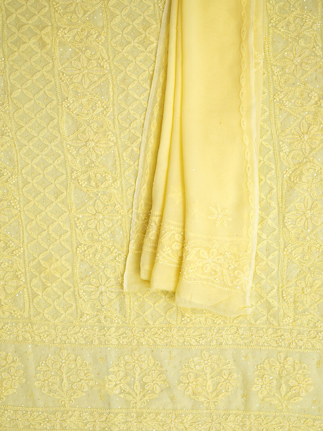 Ada Hand Embroidered Lemon Viscose Georgette Lucknowi Chikankari Unstitched Kurta Dupatta Set With Cutdana Work 01A778391