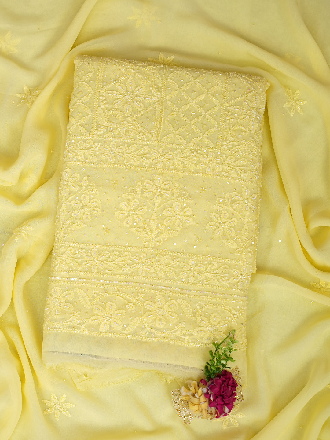 Ada Hand Embroidered Lemon Viscose Georgette Lucknowi Chikankari Unstitched Kurta Dupatta Set With Cutdana Work 01A778391