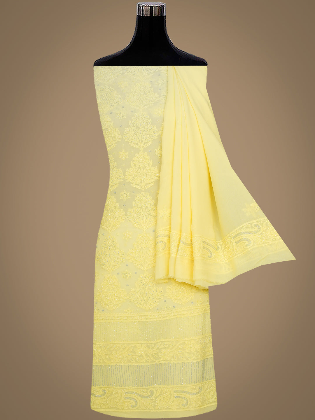 Ada Hand Embroidered Lemon Viscose Georgette Lucknowi Chikankari Unstitched Kurta Dupatta Set With Cutdana Work 01A816528