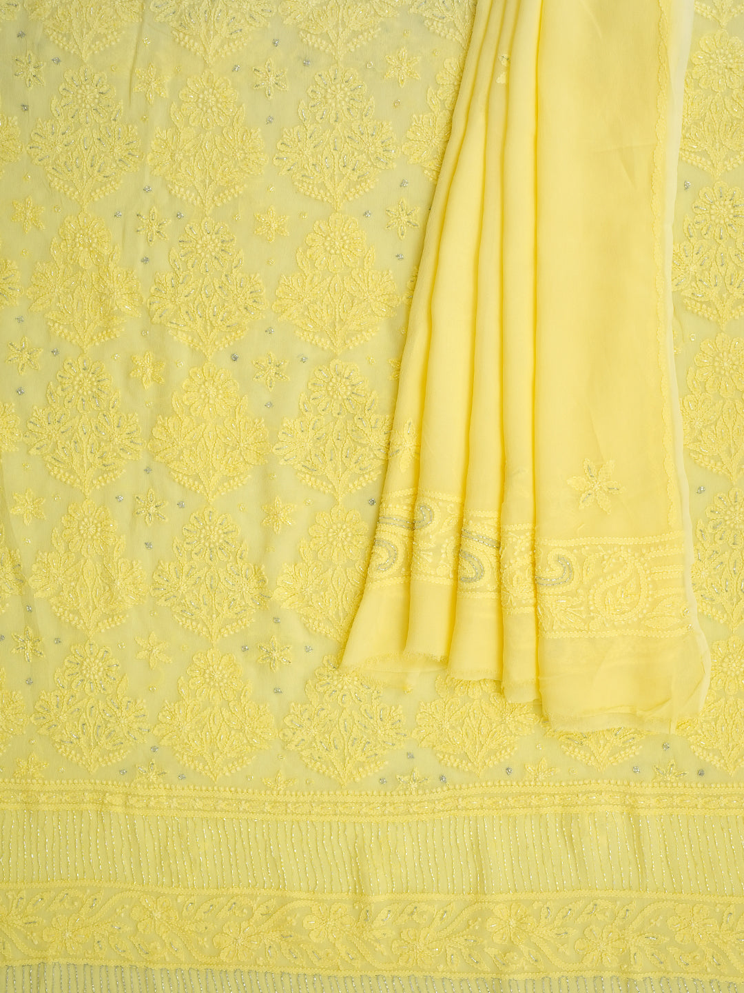 Ada Hand Embroidered Lemon Viscose Georgette Lucknowi Chikankari Unstitched Kurta Dupatta Set With Cutdana Work 01A816528