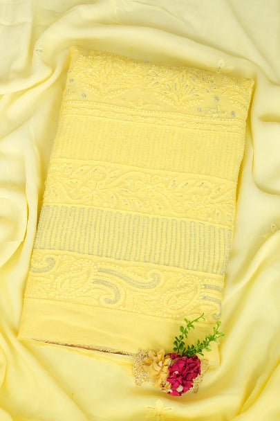 Ada Hand Embroidered Lemon Viscose Georgette Lucknowi Chikankari Unstitched Kurta Dupatta Set With Cutdana Work 01A816528