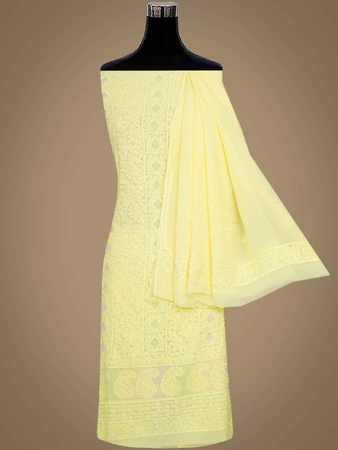 Hand Embroidered Lemon Viscose Georgette Chikankari Kurta Set for Women