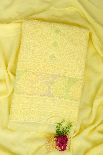 Ada Lemon Lucknowi Chikankari Unstitched Kurta Dupatta Set with Cutdana Work