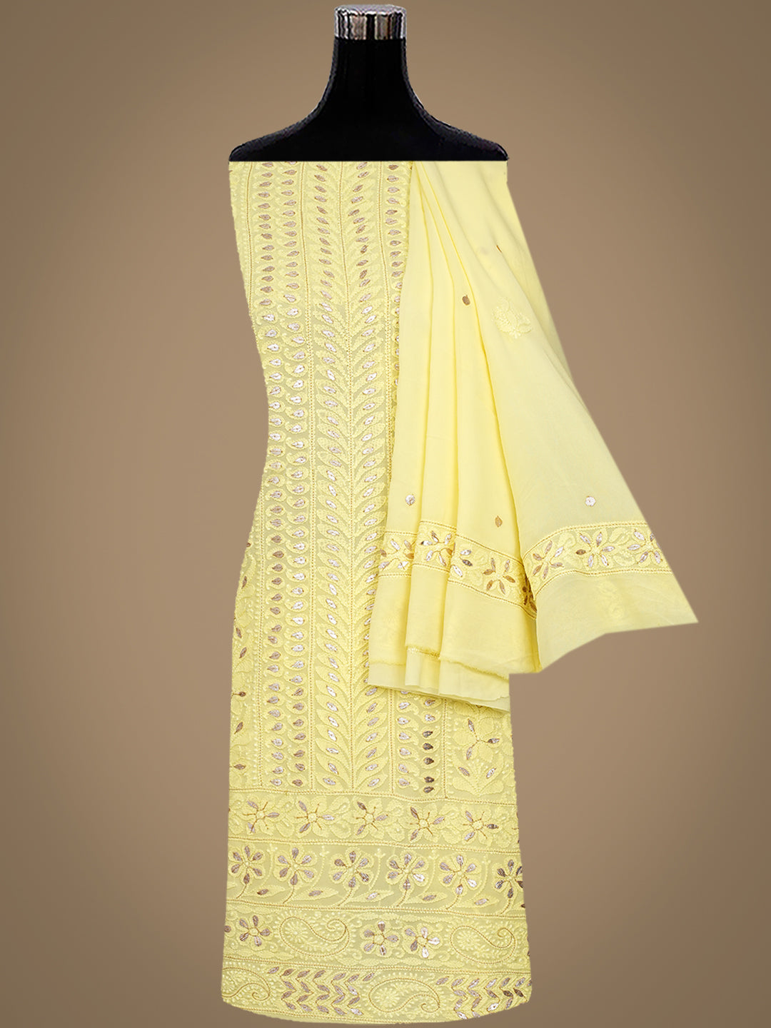 Ada Hand Embroidered Lemon Viscose Georgette Lucknowi Chikankari Unstitched Kurta Dupatta Set With Gota Patti Work 01A984088