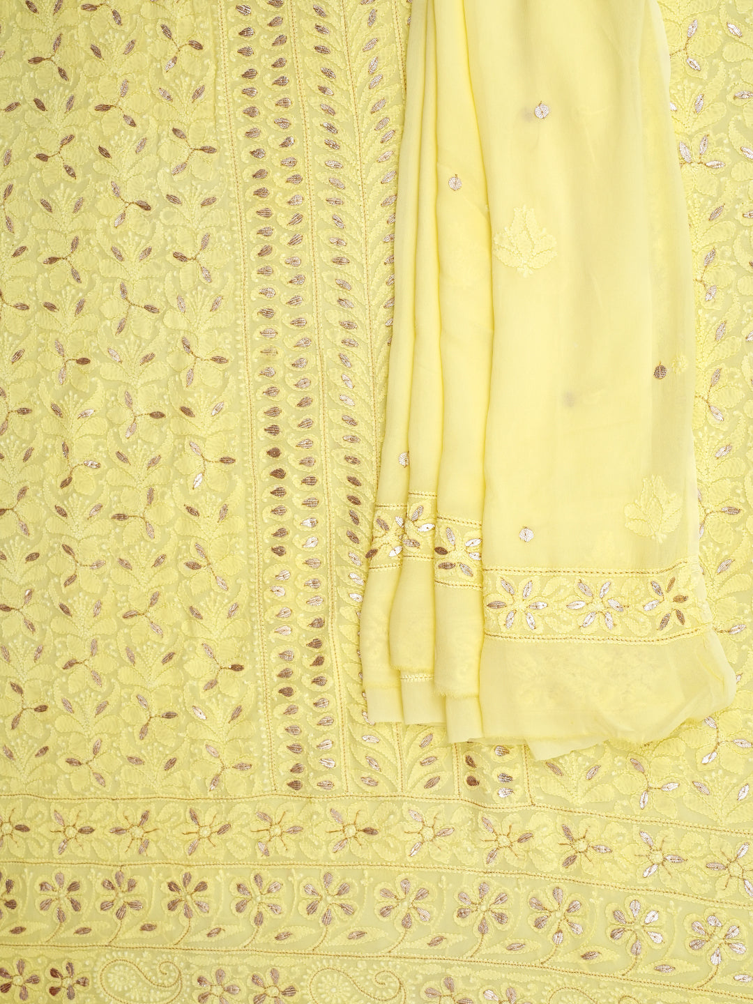 Ada Hand Embroidered Lemon Viscose Georgette Lucknowi Chikankari Unstitched Kurta Dupatta Set With Gota Patti Work 01A984088