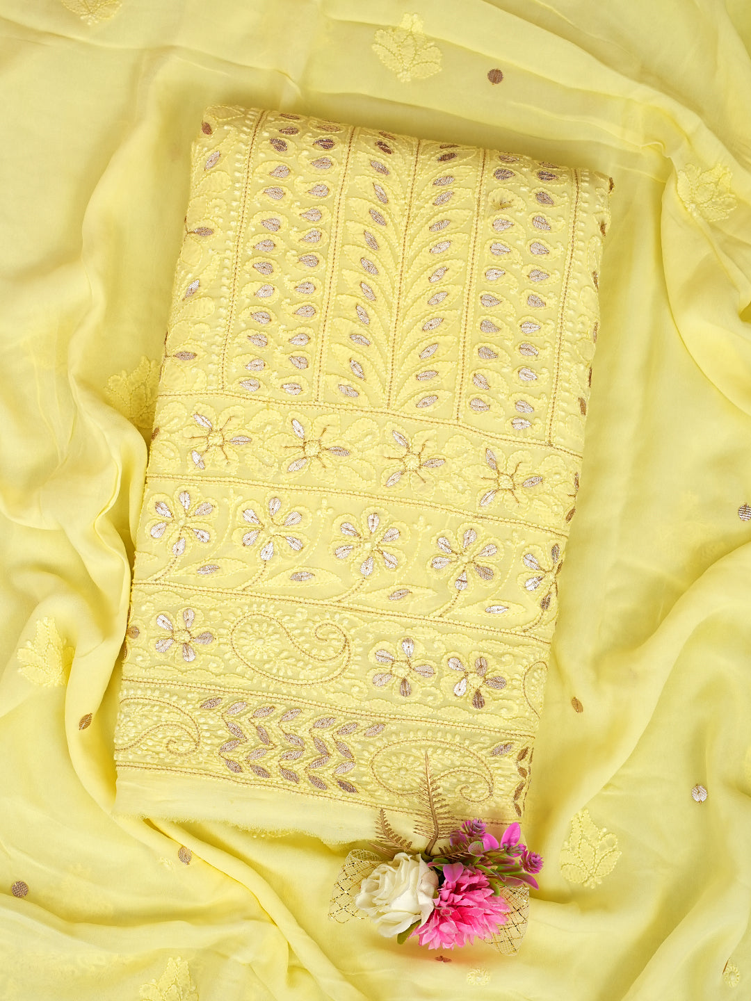 Ada Hand Embroidered Lemon Viscose Georgette Lucknowi Chikankari Unstitched Kurta Dupatta Set With Gota Patti Work 01A984088