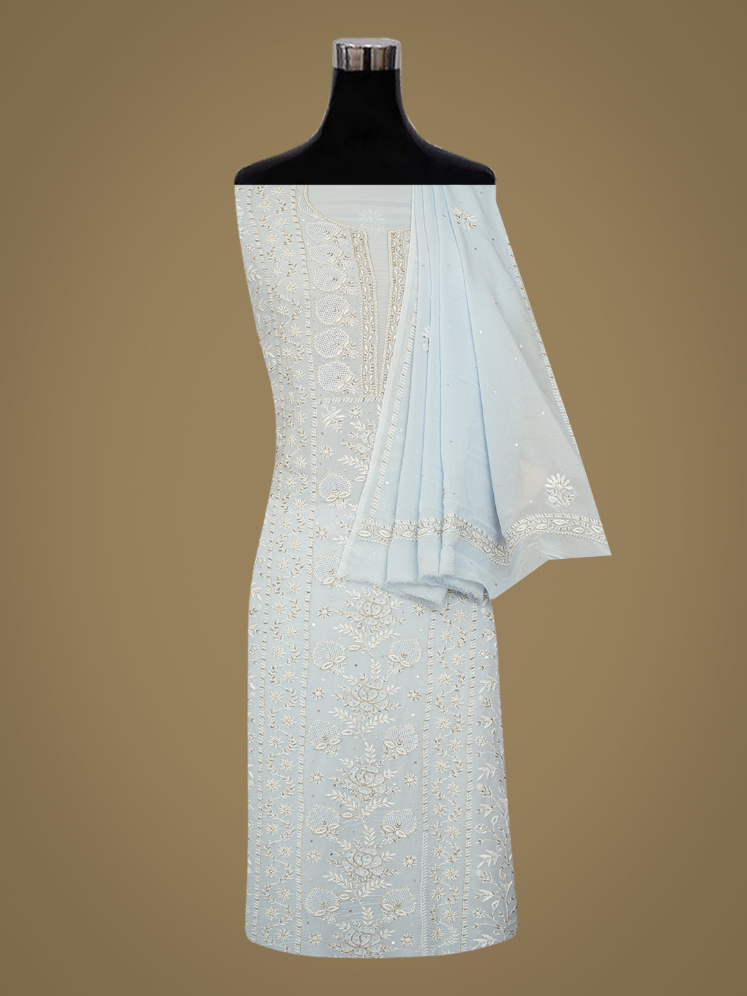 Ada Hand Embroidered Light Blue Viscose Georgette Lucknowi Chikankari Unstitched Kurta Dupatta Set With Cutdana Work 01A961963
