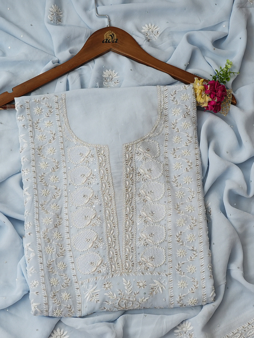 Ada Hand Embroidered Light Blue Viscose Georgette Lucknowi Chikankari Unstitched Kurta Dupatta Set With Cutdana Work 01A961963
