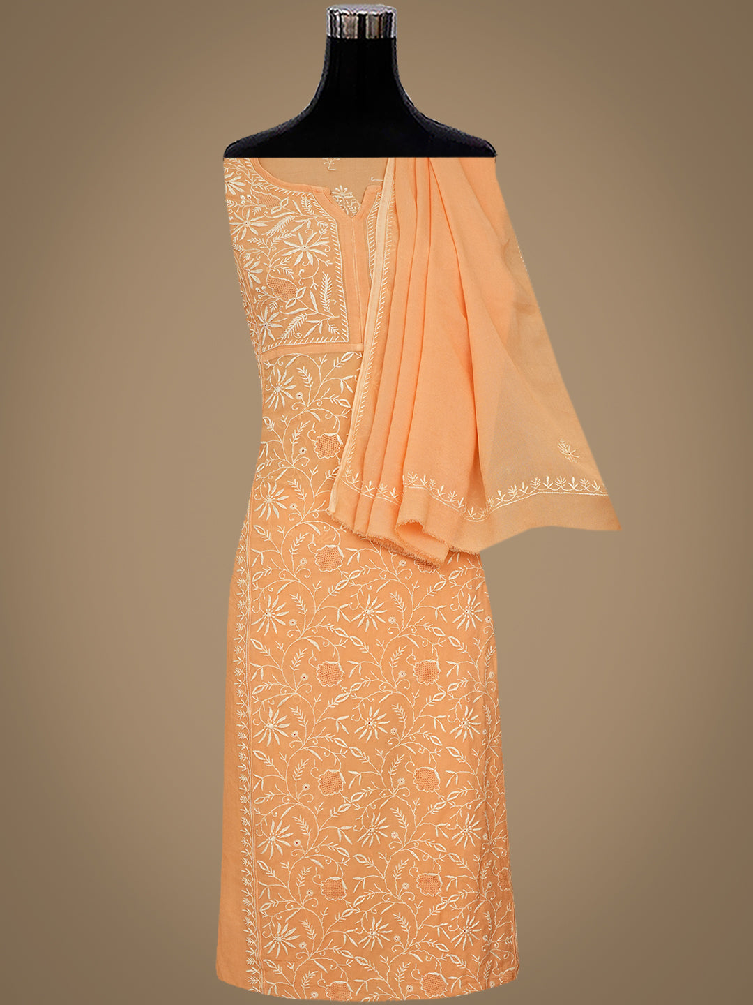 Ada Hand Embroidered Light Bronze Brown Viscose Georgette Lucknowi Chikankari Semi-stitched Anarkali Kurta Dupatta Set 01A510638