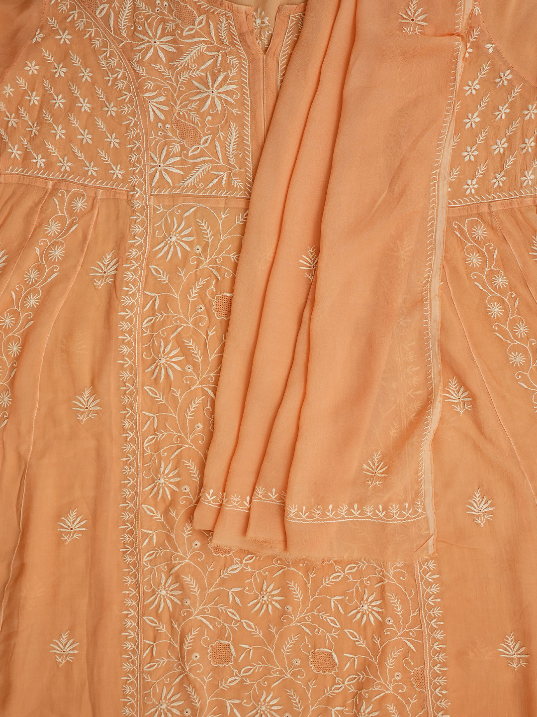 Ada Hand Embroidered Light Bronze Brown Viscose Georgette Lucknowi Chikankari Semi-stitched Anarkali Kurta Dupatta Set 01A510638
