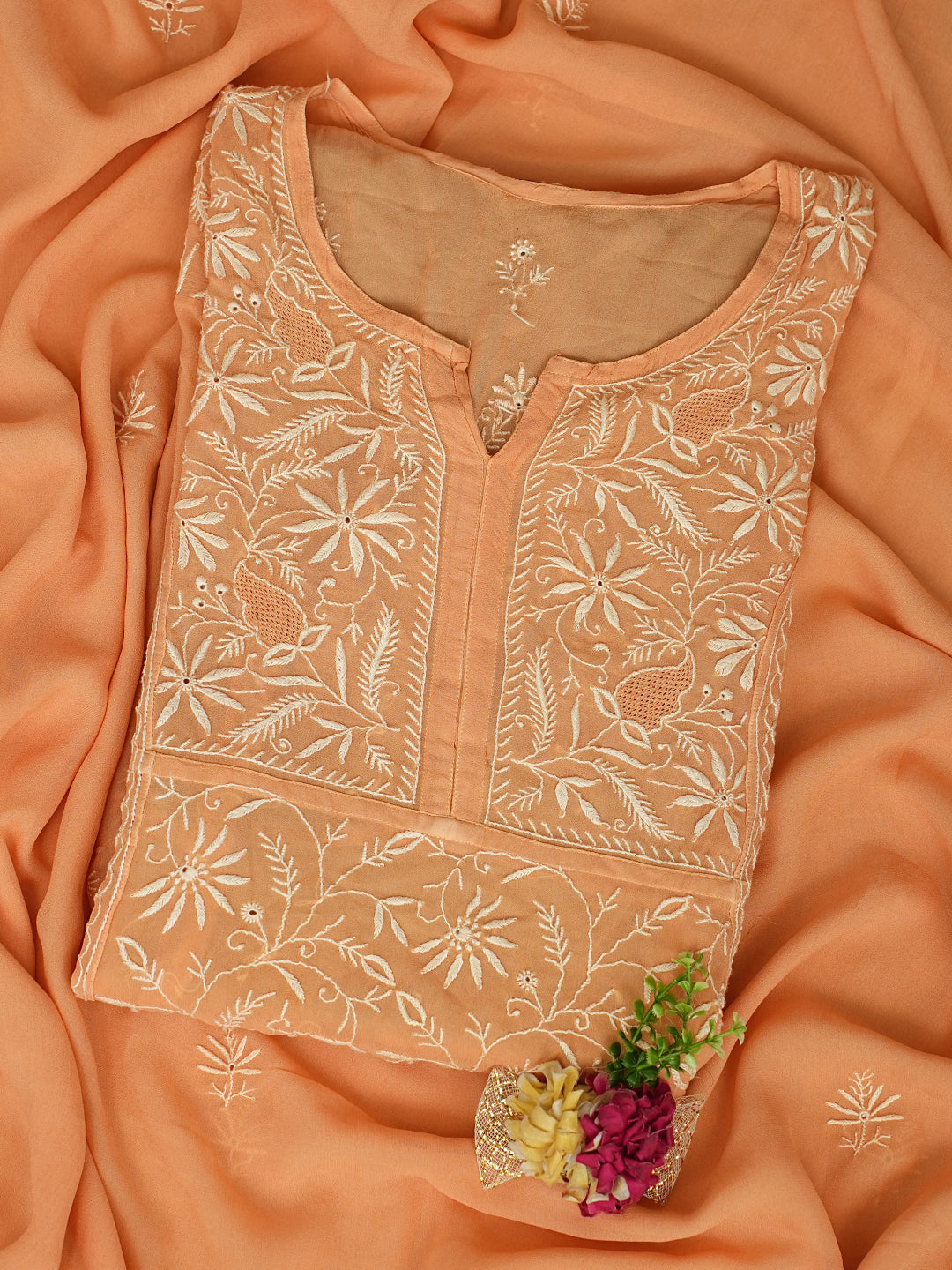 Ada Hand Embroidered Light Bronze Brown Viscose Georgette Lucknowi Chikankari Semi-stitched Anarkali Kurta Dupatta Set 01A510638