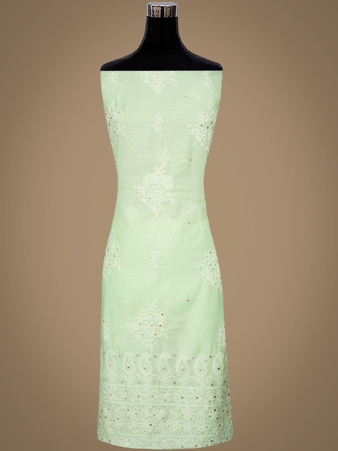Ada Hand Embroidered Light Green Chanderi Lucknowi Chikankari Unstitched Kurta Dupatta Set With Muqaish/Mukaish Work 01A995040