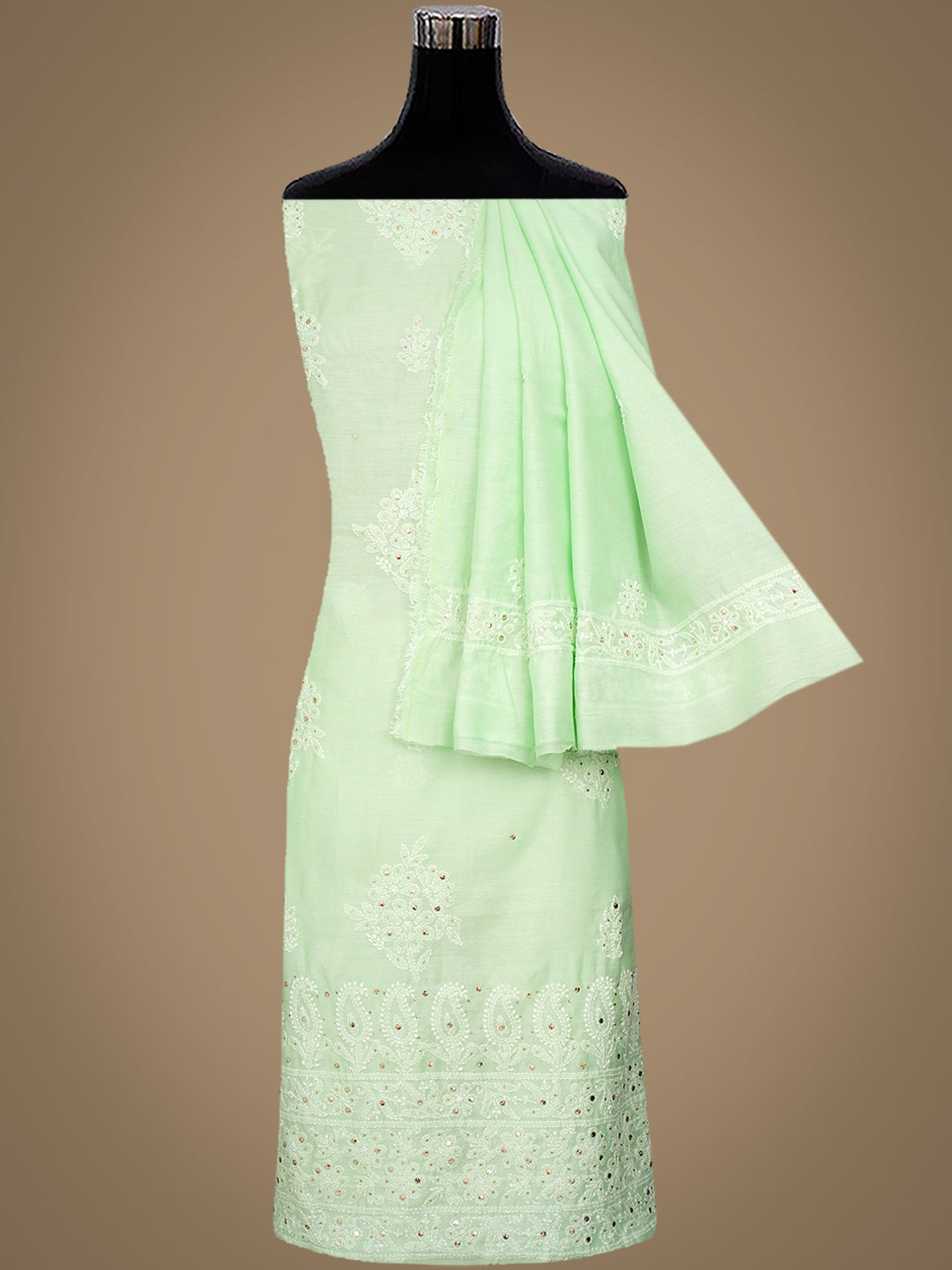 Ada Hand Embroidered Light Green Chanderi Lucknowi Chikankari Unstitched Kurta Dupatta Set With Muqaish/Mukaish Work 01A995040