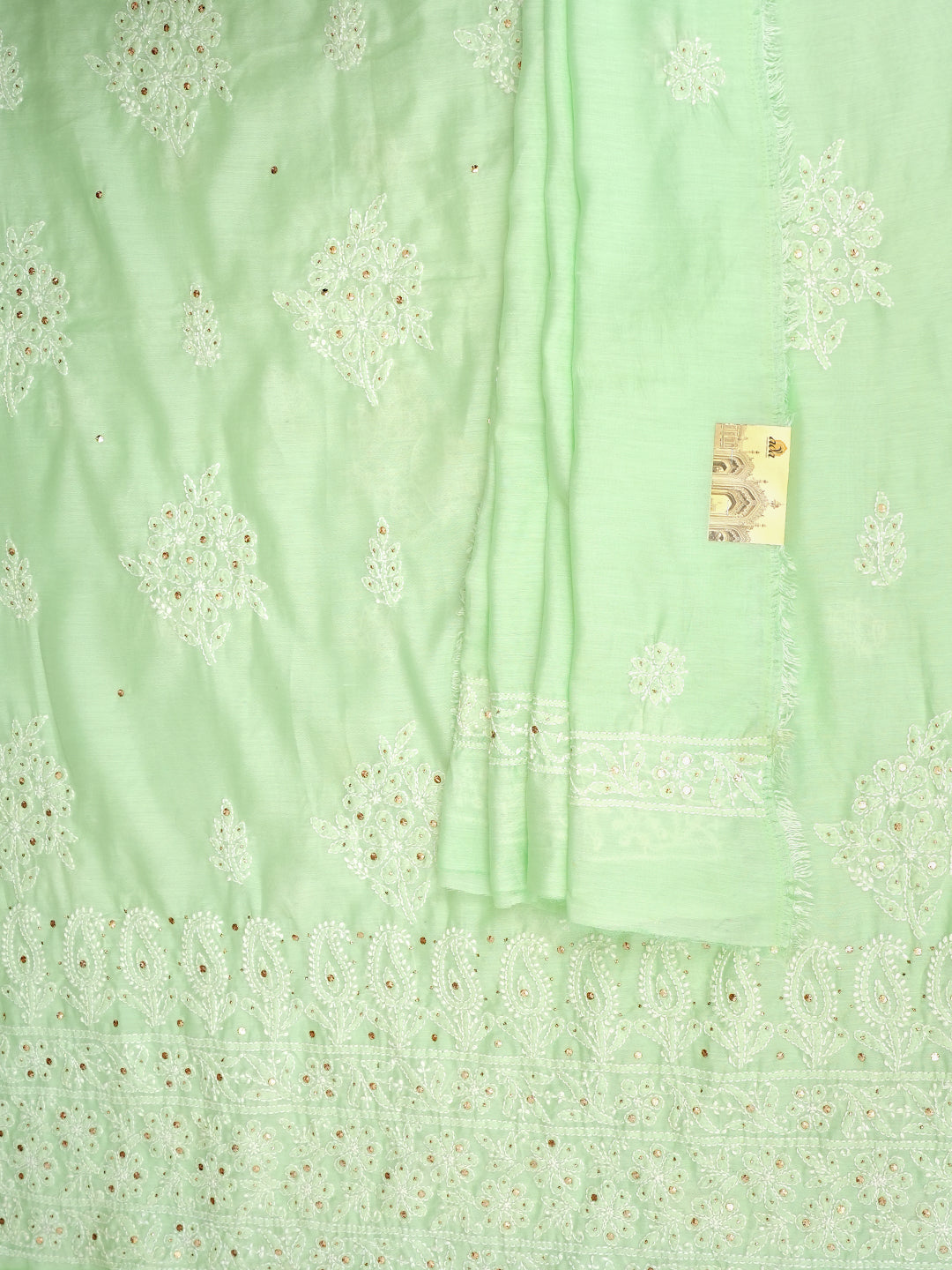 Ada Hand Embroidered Light Green Chanderi Lucknowi Chikankari Unstitched Kurta Dupatta Set With Muqaish/Mukaish Work 01A995040