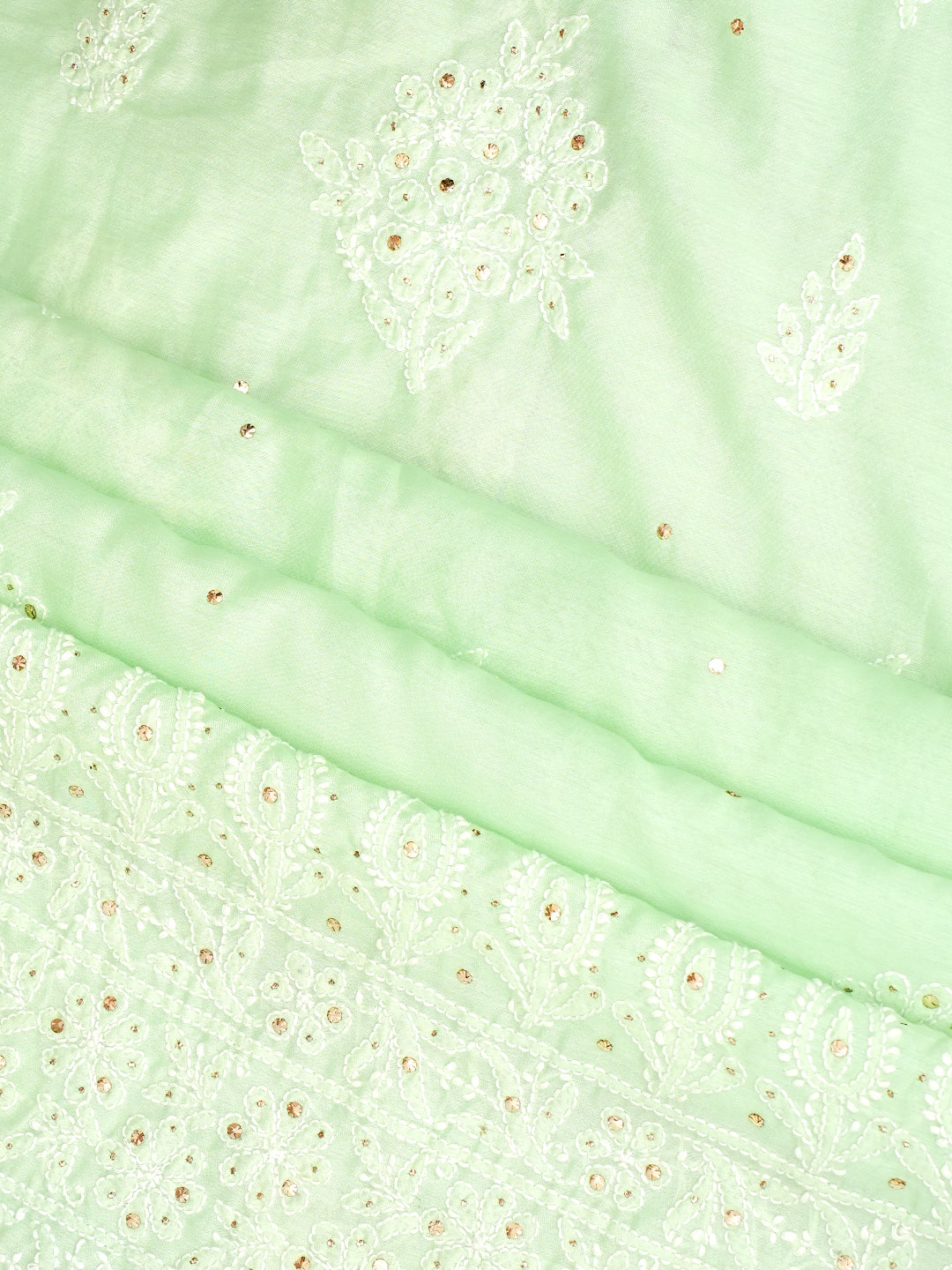 Ada Hand Embroidered Light Green Chanderi Lucknowi Chikankari Unstitched Kurta Dupatta Set With Muqaish/Mukaish Work 01A995040