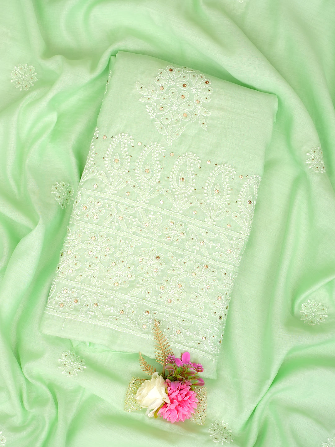 Ada Hand Embroidered Light Green Viscose Georgette Lucknowi Chikankari Unstitched Kurta Dupatta Set With Gotta Patti Work 01A984149