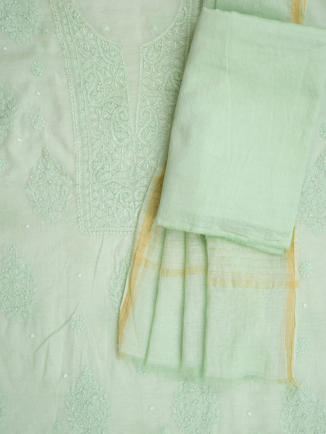 Ada Hand Embroidered Light Green Chanderi Lucknowi Chikankari Unstitched Suit Piece With Cutdana Work 01A1025744_2