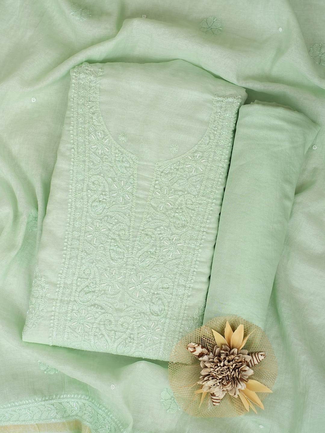 Ada Hand Embroidered Light Green Chanderi Lucknowi Chikankari Unstitched Suit Piece With Cutdana Work 01A1025744_1
