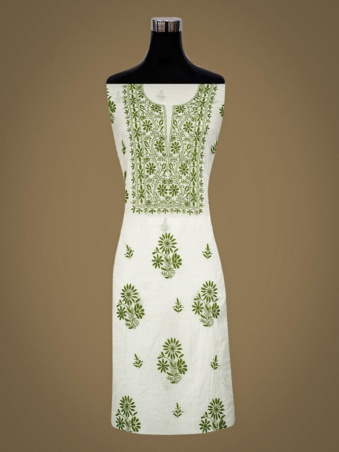 Ada Hand Embroidered Light Green Chanderi Unstitched Lucknowi Chikankari Kurta Dupatta Set 01A948045
