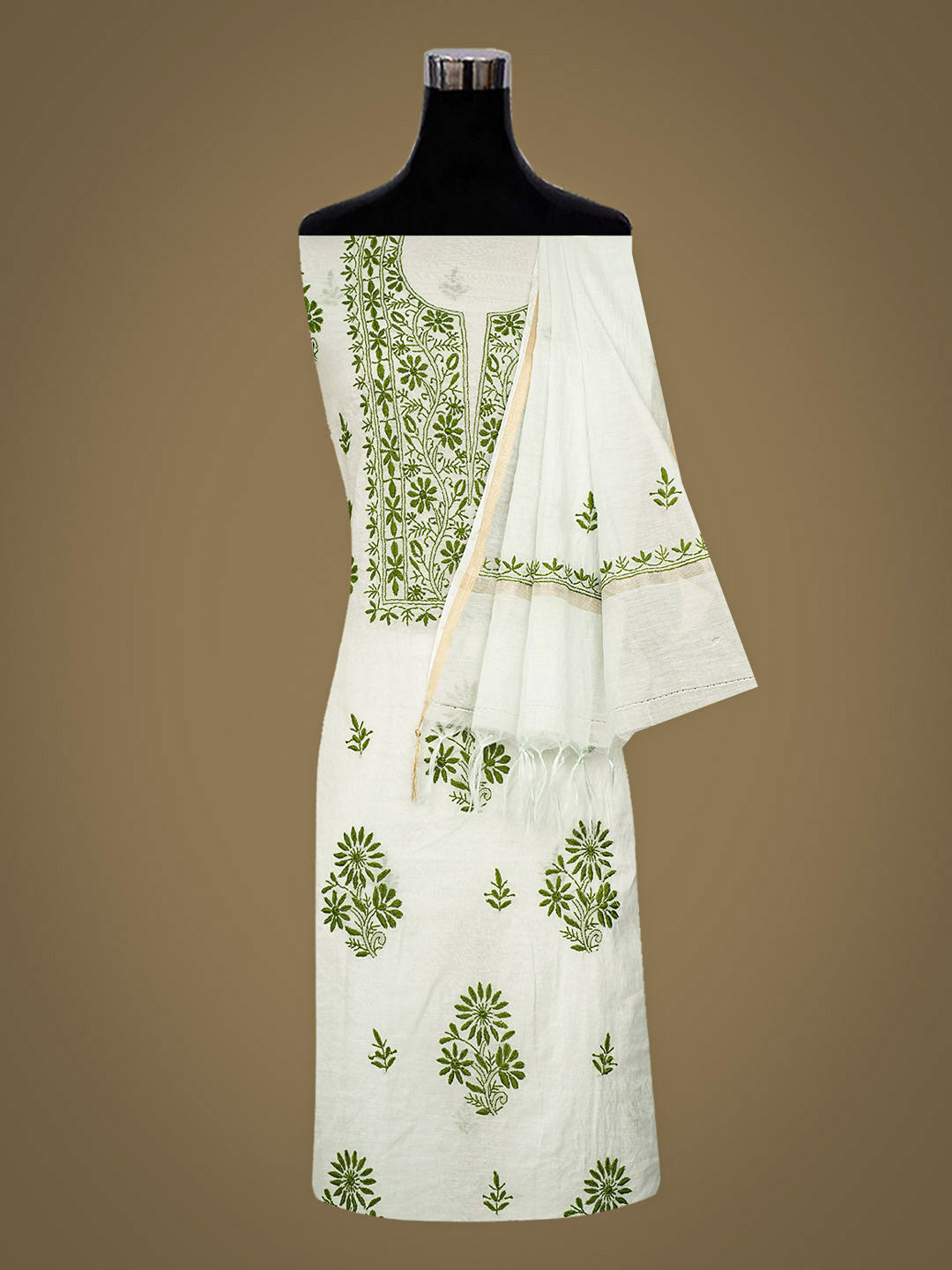 Ada Hand Embroidered Light Green Chanderi Unstitched Lucknowi Chikankari Kurta Dupatta 01A948045