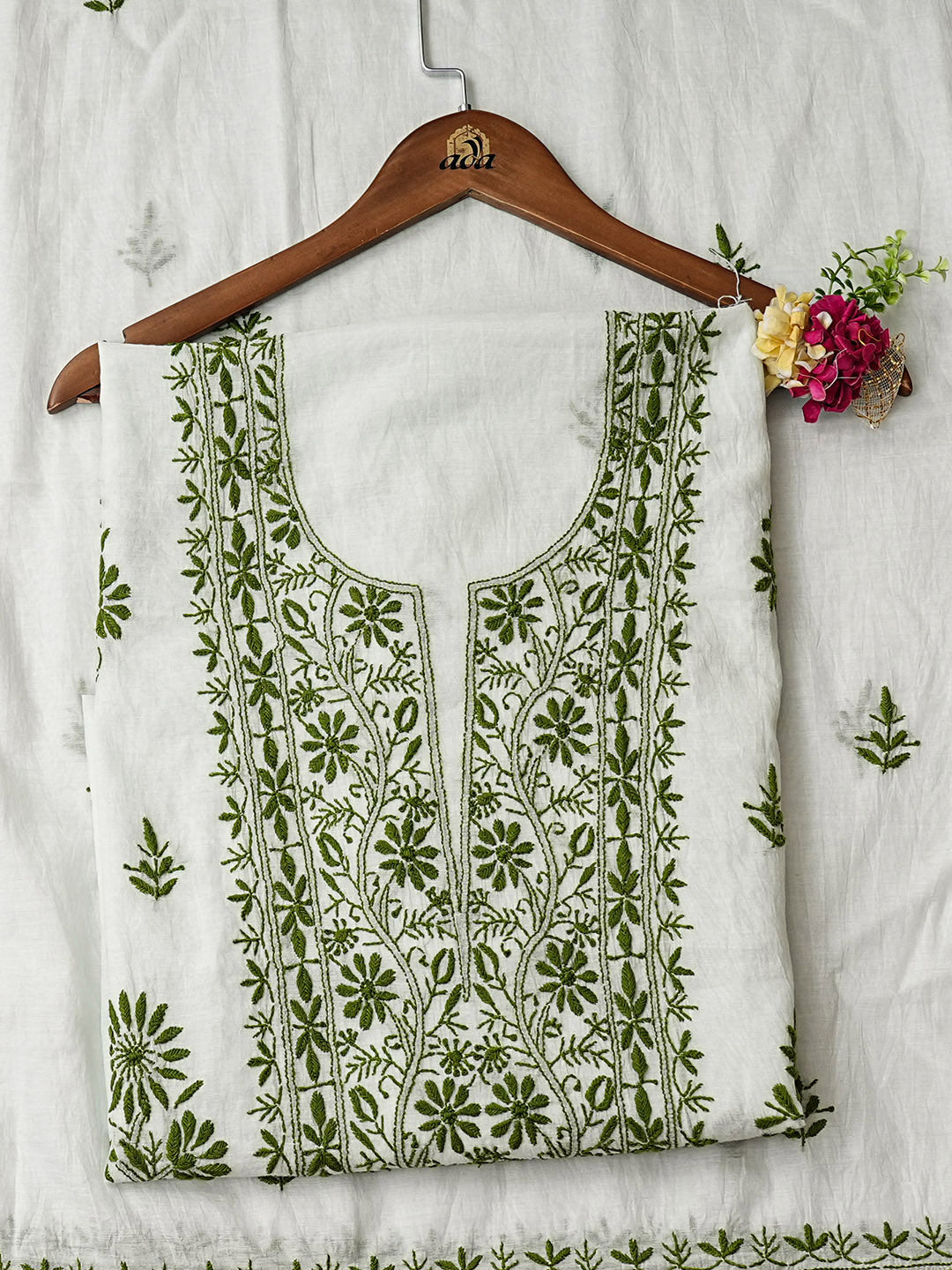 Ada Hand Embroidered Light Green Chanderi Unstitched Lucknowi Chikankari Kurta Dupatta 01A948045