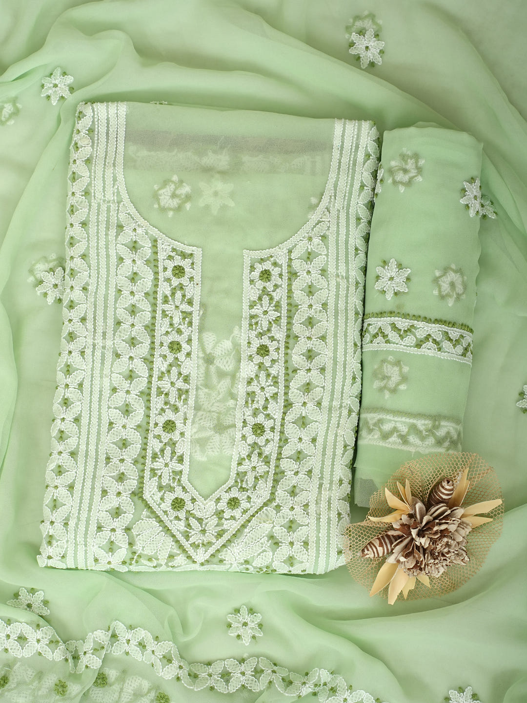 Ada Hand Embroidered Light Green Georgette Lucknowi Chikankari Unstitched Suit Piece 01A977931_1