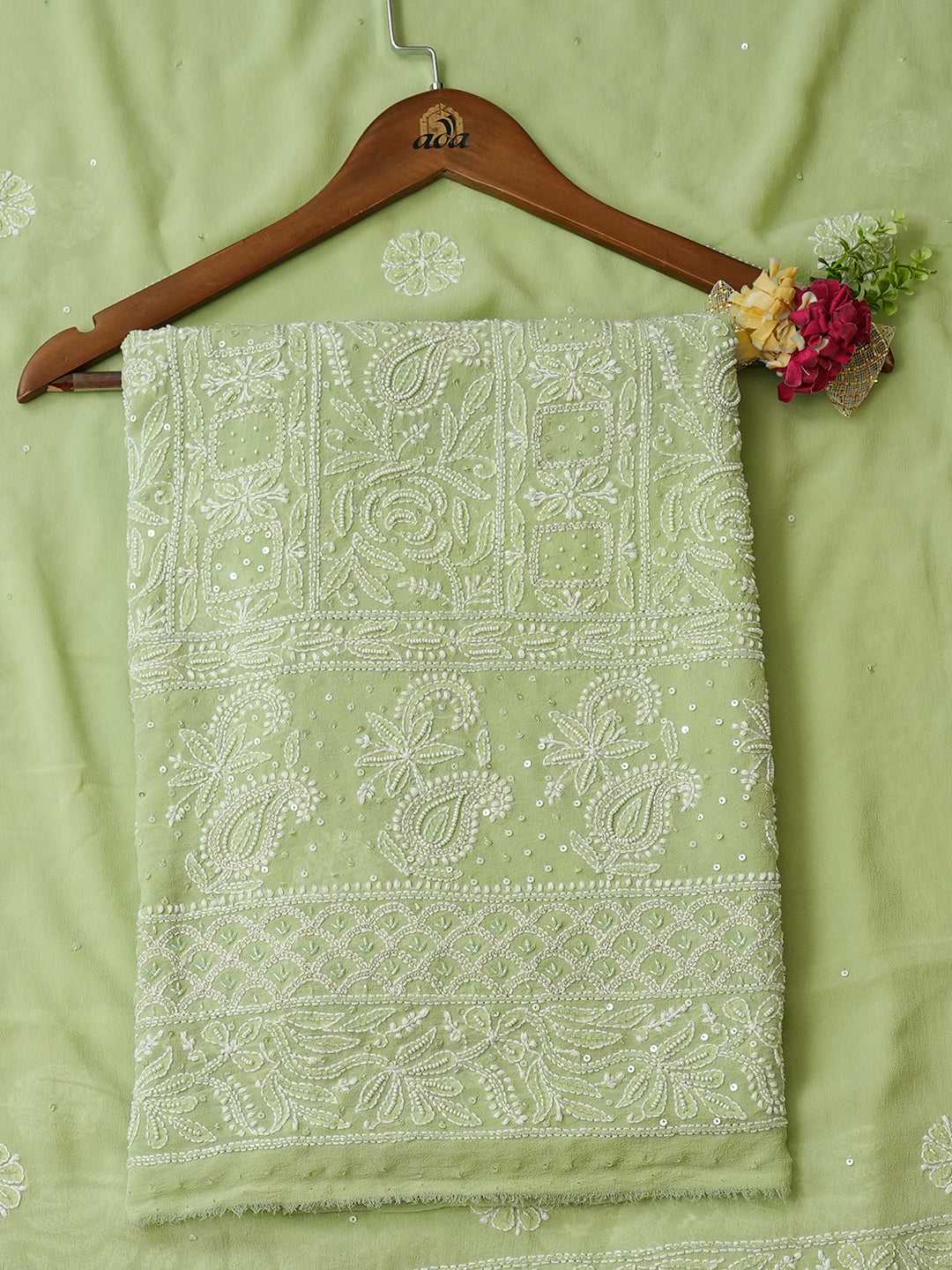 Ada Hand Embroidered Light Green Pure Georgette Lucknowi Chikankari Unstitched Kurta Dupatta Set With Zari Work 01A977807
