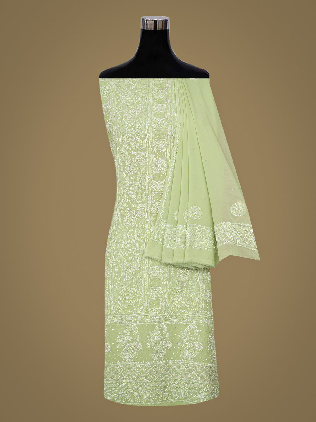 Ada Hand Embroidered Light Green Pure Georgette Lucknowi Chikankari Unstitched Kurta Dupatta Set With Zari Work 01A977807