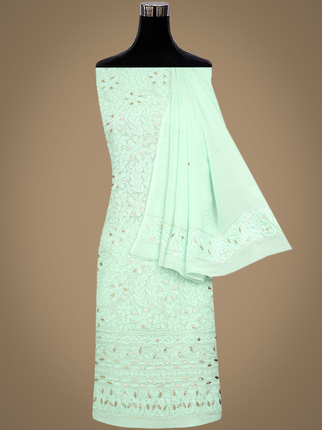 Ada Hand Embroidered Light Green Viscose Georgette Lucknowi Chikankari Unstitched Kurta Dupatta Set With Gotta Patti Work 01A984149