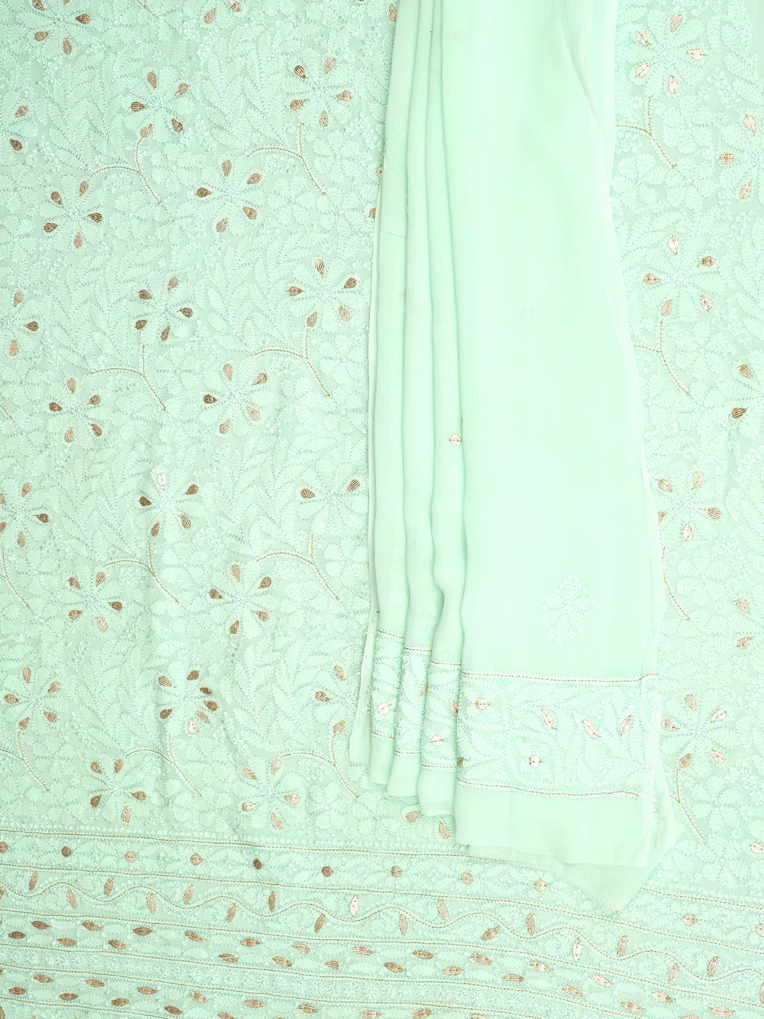 Ada Hand Embroidered Light Green Viscose Georgette Lucknowi Chikankari Unstitched Kurta Dupatta Set With Gotta Patti Work 01A984149