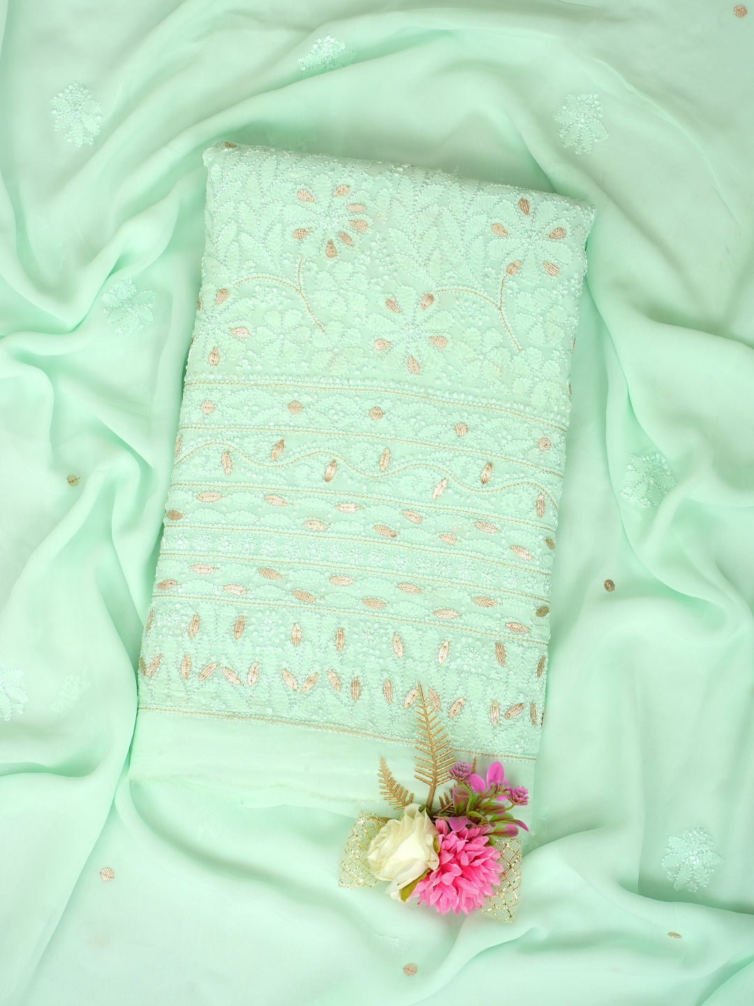 Ada Hand Embroidered Light Green Viscose Georgette Lucknowi Chikankari Unstitched Kurta Dupatta Set With Gotta Patti Work 01A984149