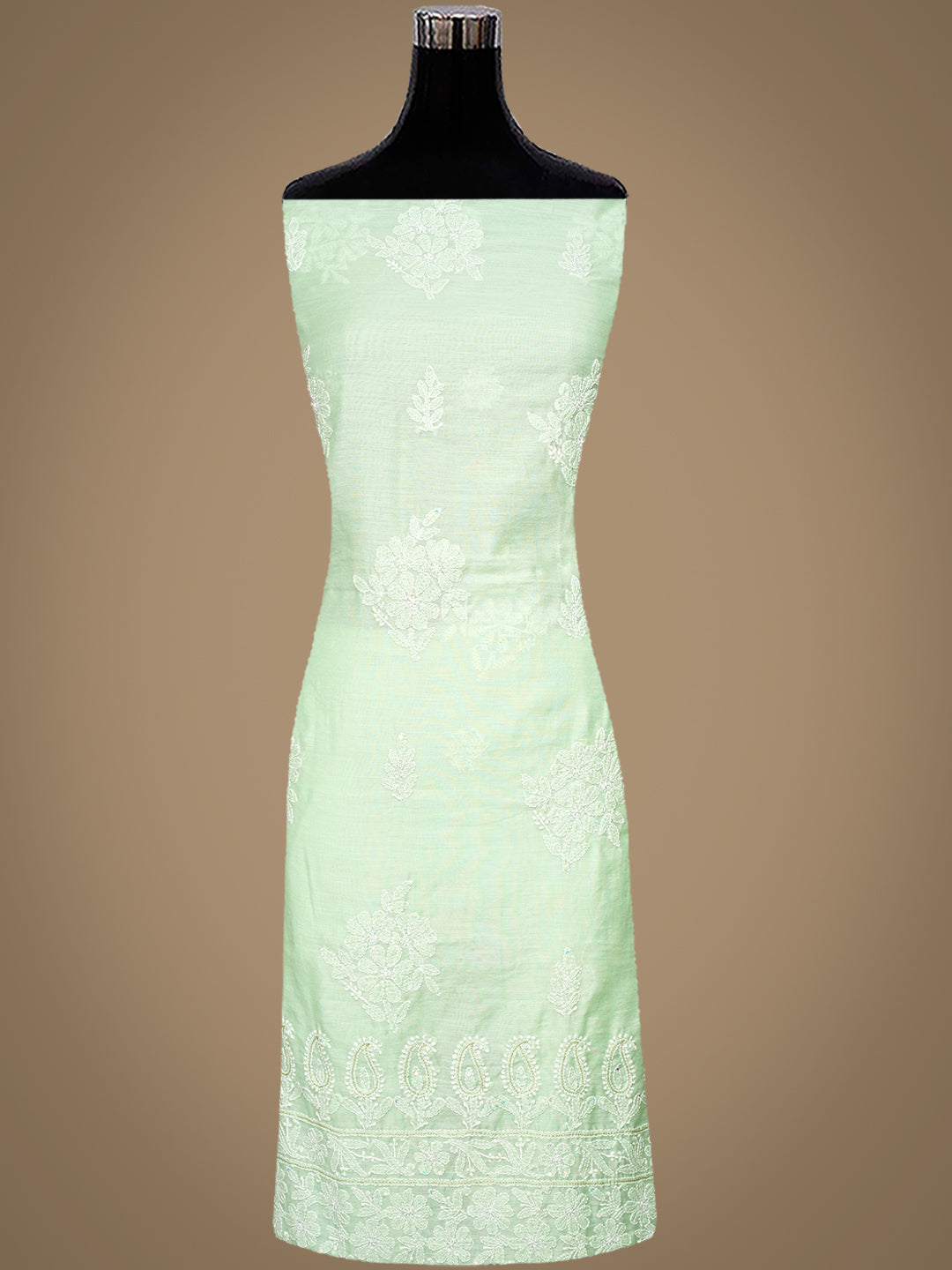 Ada Hand Embroidered Light Green chanderi Lucknowi Chikankari Unstitched Kurta Dupatta Set With Cutdana Work 01A995198
