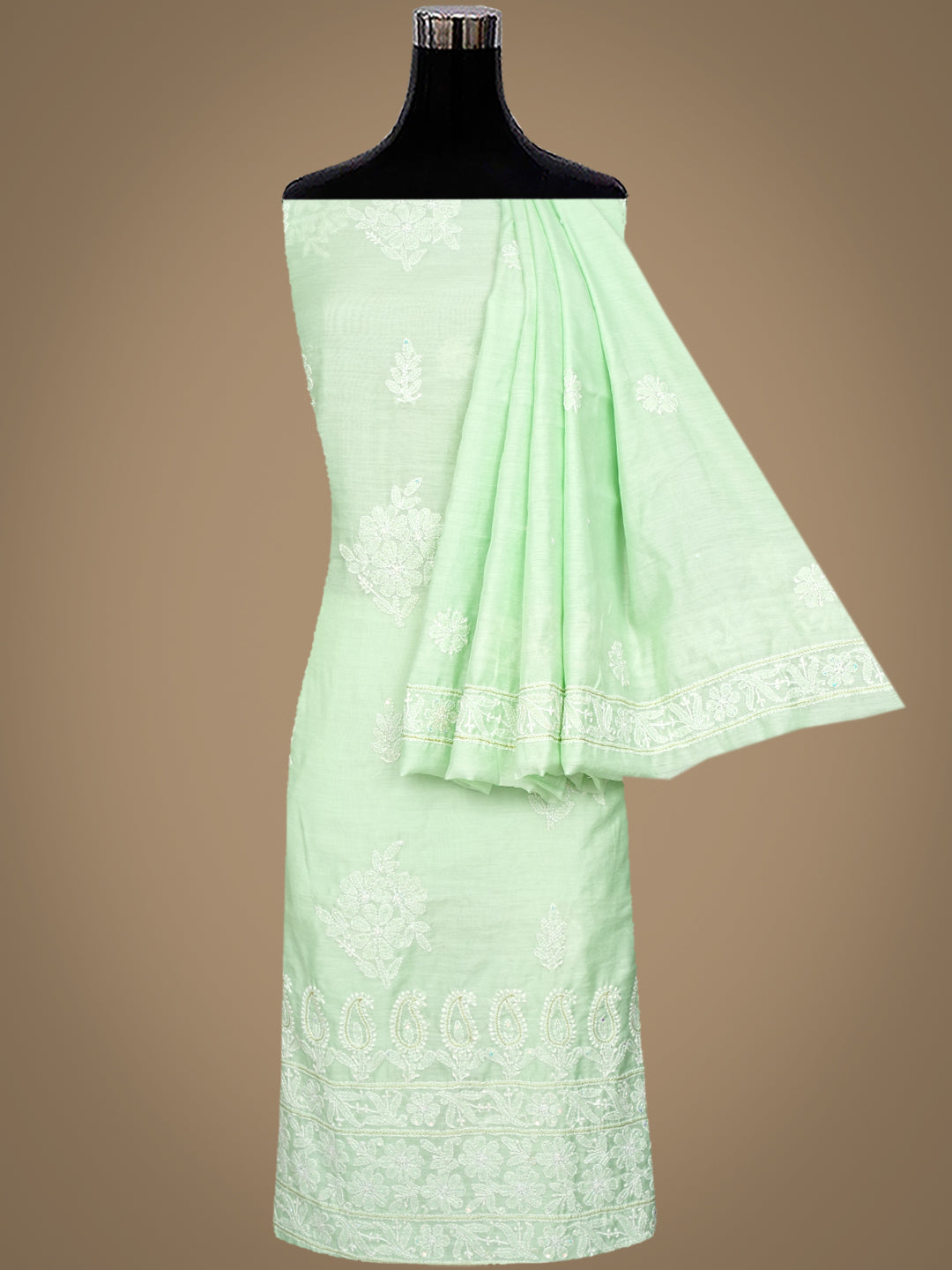Ada Hand Embroidered Light Green chanderi Lucknowi Chikankari Unstitched Kurta Dupatta Set With Cutdana Work 01A995198