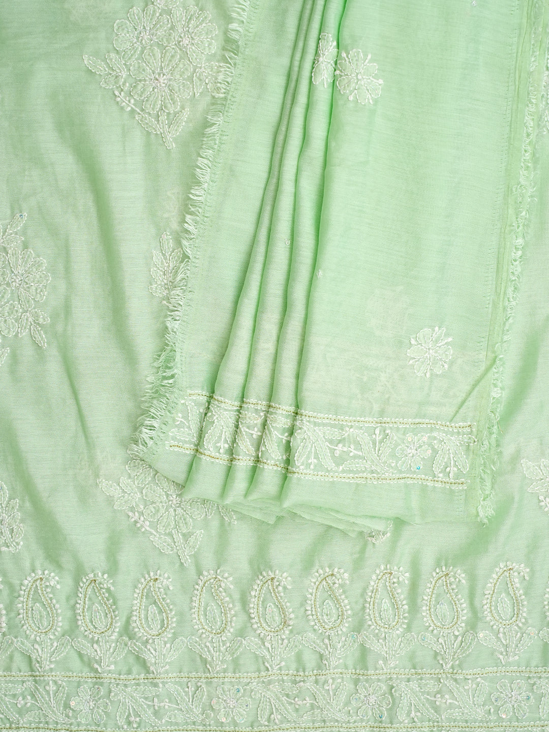 Ada Hand Embroidered Light Green chanderi Lucknowi Chikankari Unstitched Kurta Dupatta Set With Cutdana Work 01A995198
