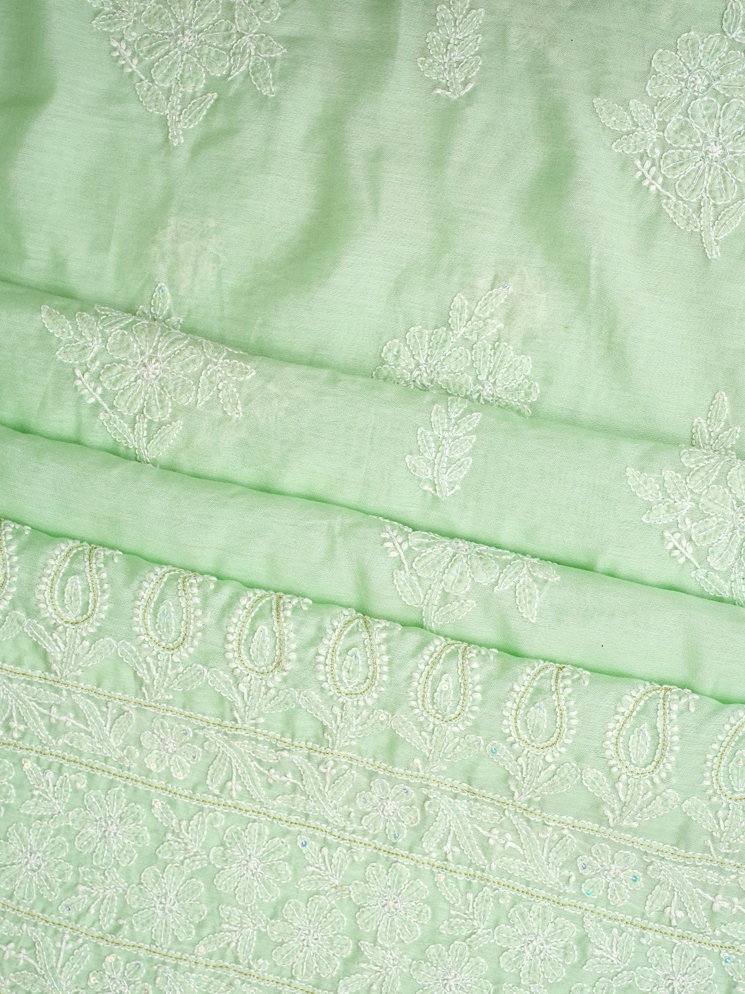 Ada Hand Embroidered Light Green chanderi Lucknowi Chikankari Unstitched Kurta Dupatta Set With Cutdana Work 01A995198