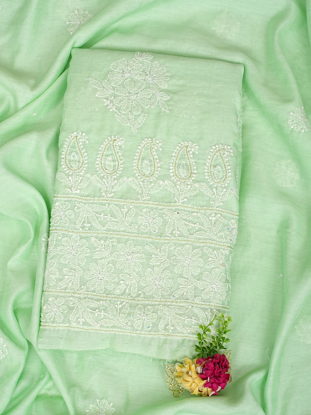 Ada Hand Embroidered Light Green chanderi Lucknowi Chikankari Unstitched Kurta Dupatta Set With Cutdana Work 01A995198