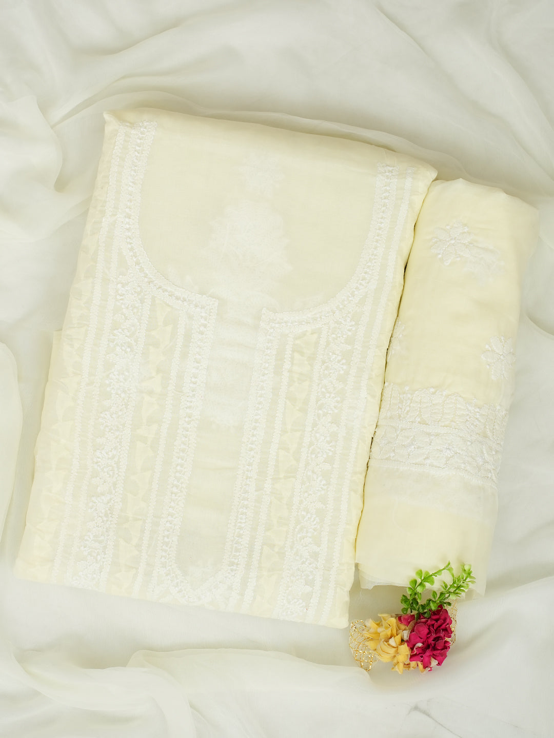 Ada Light Lemon Cotton Lucknowi Chikankari Unstitched Suit Piece with Chiffon Dupatta