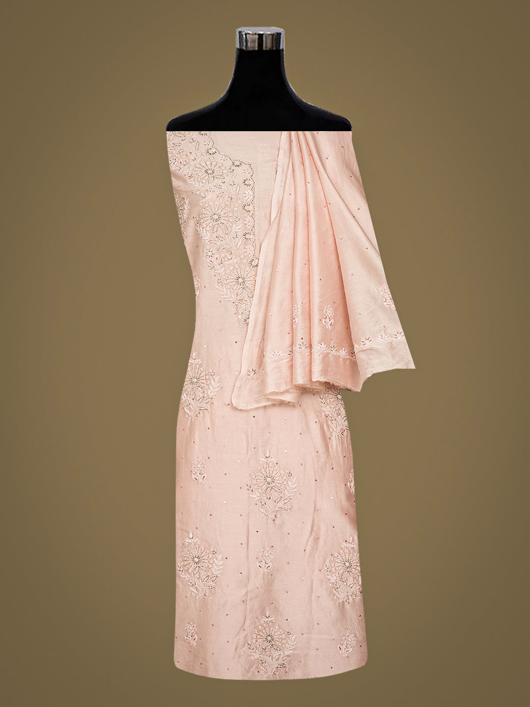 Ada Hand Embroidered Light Pink Chanderi Lucknowi Chikankari Unstitched Kurta Dupatta Set With Cutdana Work 01A805655