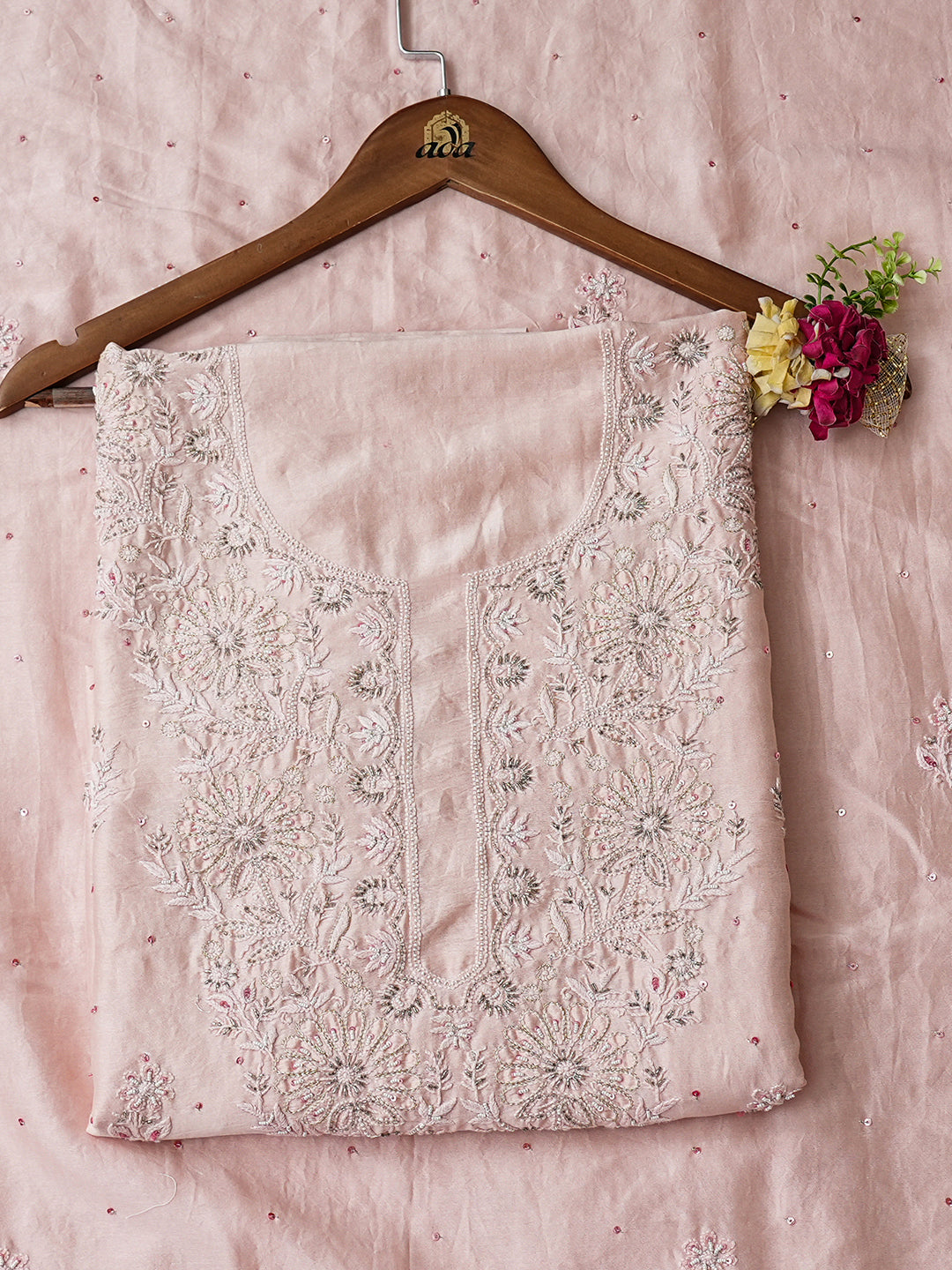 Ada Hand Embroidered Light Pink Chanderi Lucknowi Chikankari Unstitched Kurta Dupatta Set With Cutdana Work 01A805655